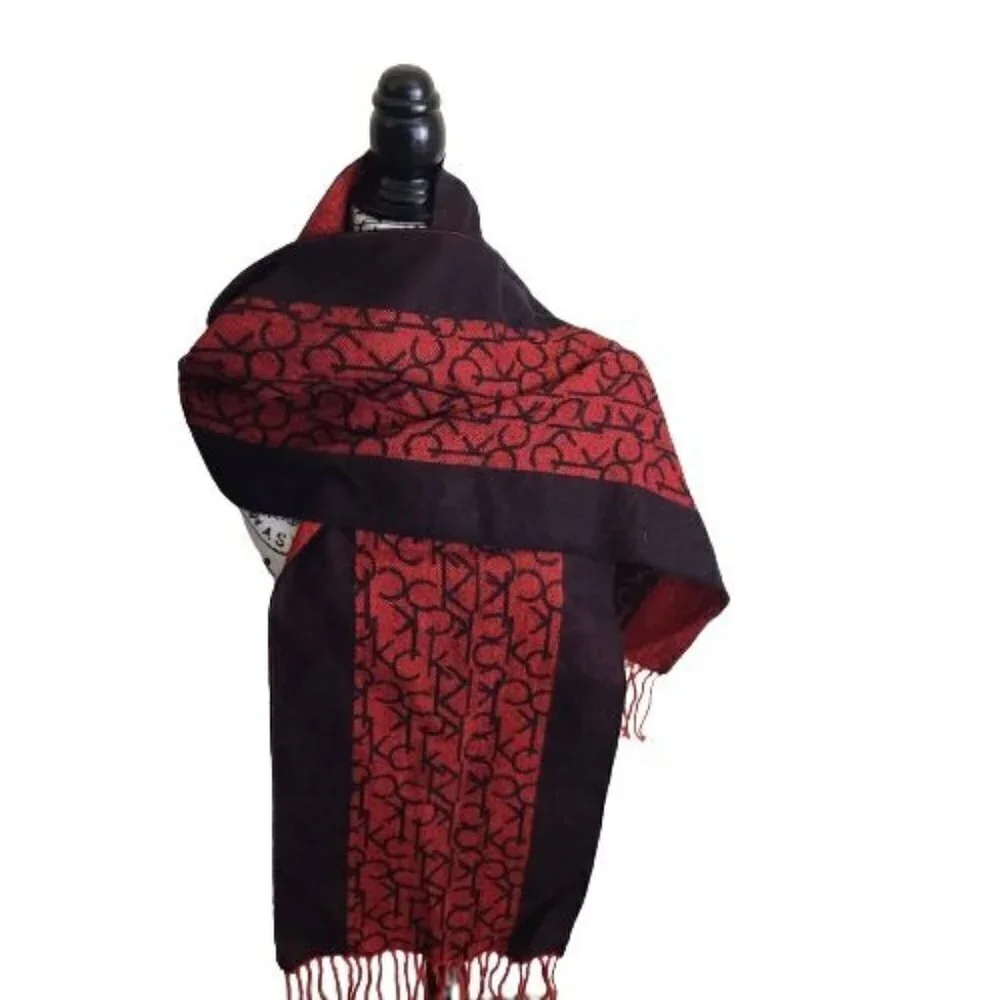Calvin Klein Logo Black Red Knit Fringe Scarf 70